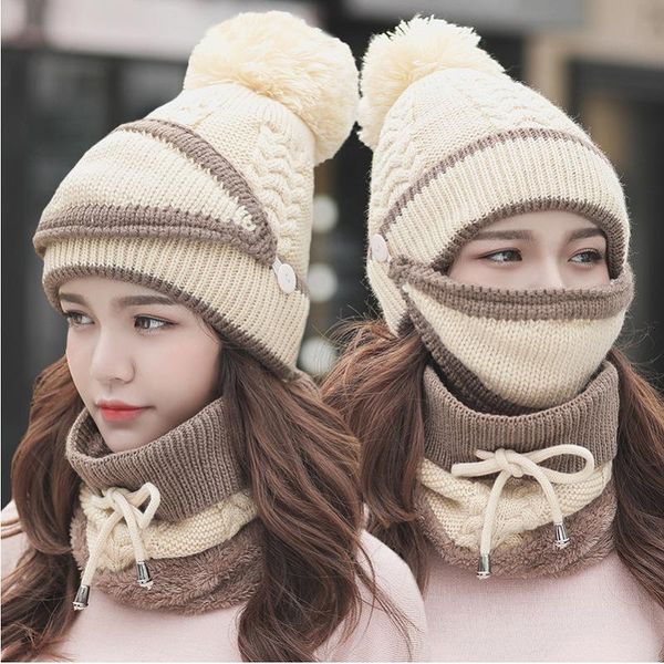 

three-piece hat fashion trend autumn and winter season plus velvet thick knitted woolen cap women's warm earmuffs, Blue;gray