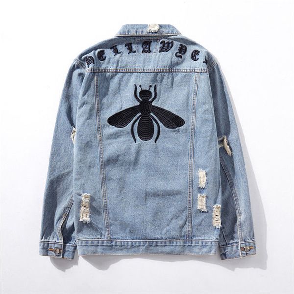 

японская вышивка дыра джинсовая куртка мужчины и женщины негабаритные отвороты омытые джинсы пальто high street windbreaker повседневные пал, Black;brown