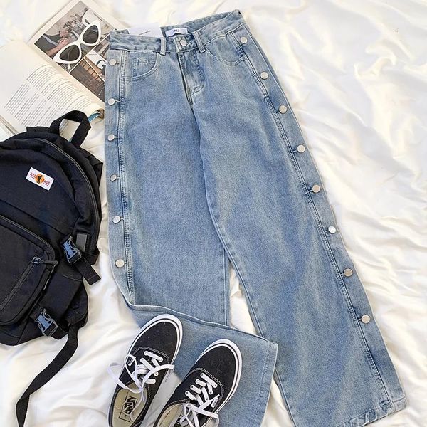 

women's jeans mooirue winter women wide leg side button blue vintage denim pants1