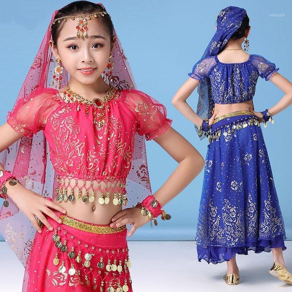 

children belly dance costume girl dress bollywood belly dance 4pcs/set performance kids with coins accessories1, Black;red