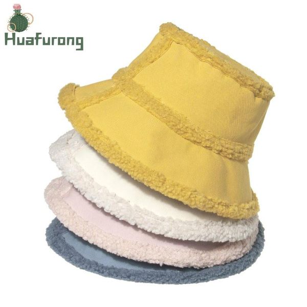 

wide brim hats huafurong hat female wild plus wool lamb fisherman sweet color autumn and winter warm plush student basin for women, Blue;gray