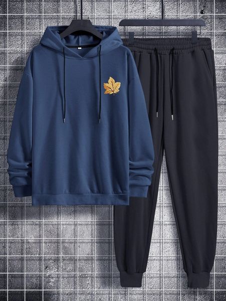 

men maple leaf print drawstring hoodie & sweatpants p5g9#, Gray