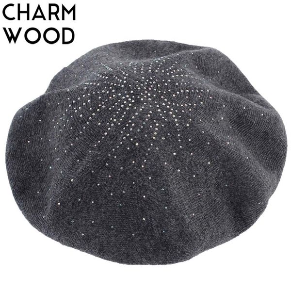 

women's berets fashion solid color wool knitted berets with rhinestones ladies winter cashmere french artist beanie beret hat y200102, Blue;gray