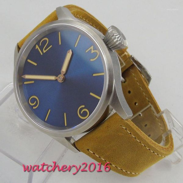 

43mm sterile blue dial sapphire glass stainless steel case hand winding mechanical men's watch1, Slivery;brown
