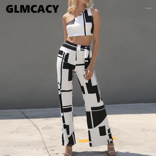 

women casual 2 piece chic suits one shoulder sleeveless printed crop & high waist pockets wide leg pants set1, White
