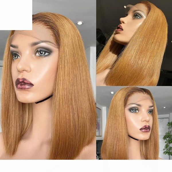 

kungang omber bob 4*4 lace closure wigs 130% density lace front human hair wigs middle ratio wig non-remy hair, Black;brown