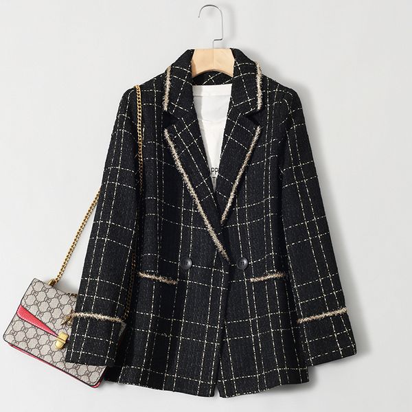 

2021 new suit jacket autumn and winter fragrance ladies temperament plaid small senior fan office lady rnhl, White;black