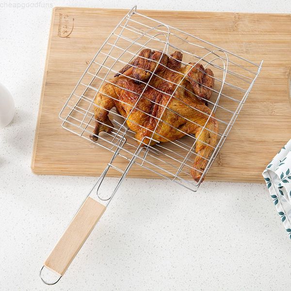 

stainless steel non-stick meshes wood handle grilled net outdoor burgers bbq tools grill fish barbecue clip