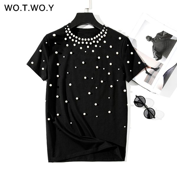 

wotwoy 2020 summer new pearls beaded t-shirt women cotton loose casual women short sleeve o-neck t shirt black y200412, White