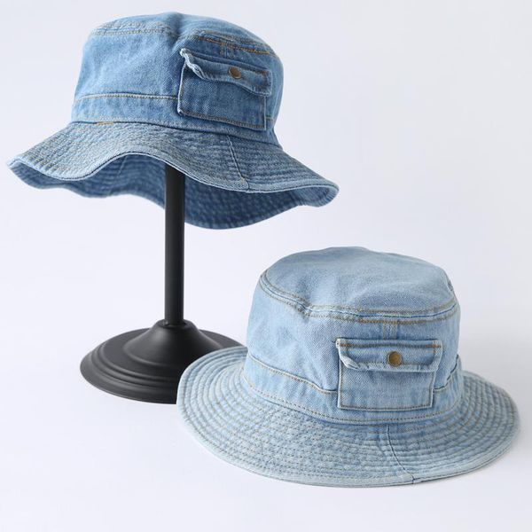 

cloches harajuku fashion bucket hat women men panama outdoor hip hop retro washed denim girl fisherman street merchandise, Blue;gray