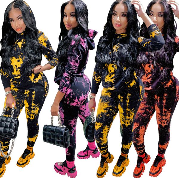 

womens 2 piece outfits designer tracksuits winter new tie dye hoodie printed jogging suits long sleeve trousers sports clothes sportwear p66, White