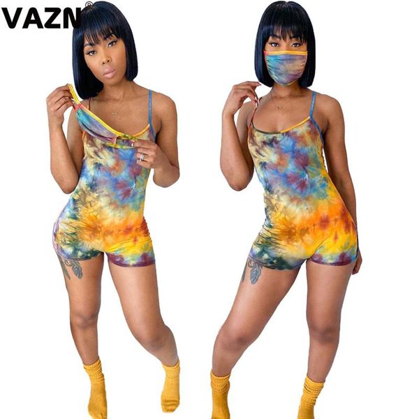 

women's jumpsuits & rompers vazn colorful 2021 summer lady 2-piece print playsuit face masks and spaghettti strap beach style chic, Black;white