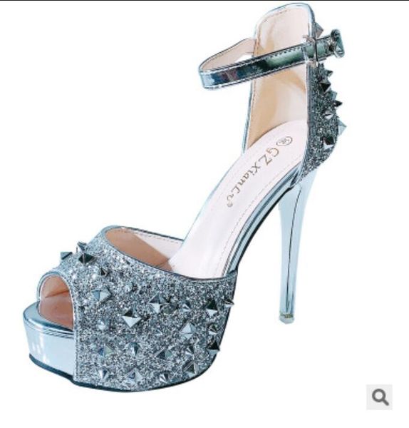 

new gold silver ultra high heels sandals for women summer 12cm high heel rivet, glitter, thin heel and fish mouth sandals size 34-39, Black