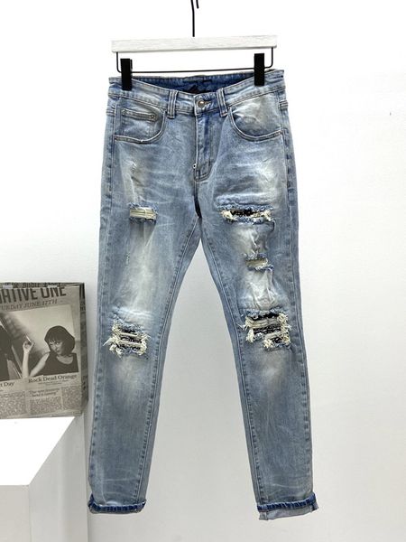 

luxury designer mens jeans slim-leg panelled patchwork jean holes denim causal male skinny pants classic hip hop sold trousers size 29-38 eu, Blue