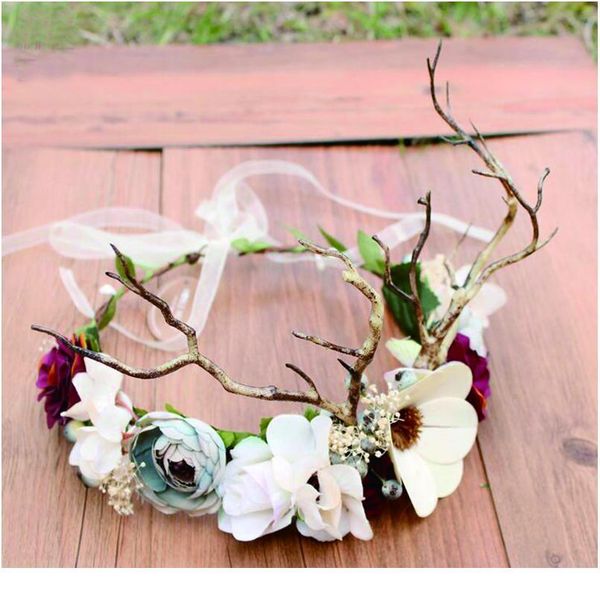 

wholesale handmade antlers flower wreath girls party prom flower tiara women wedding headbands bridal hair acc qylcag