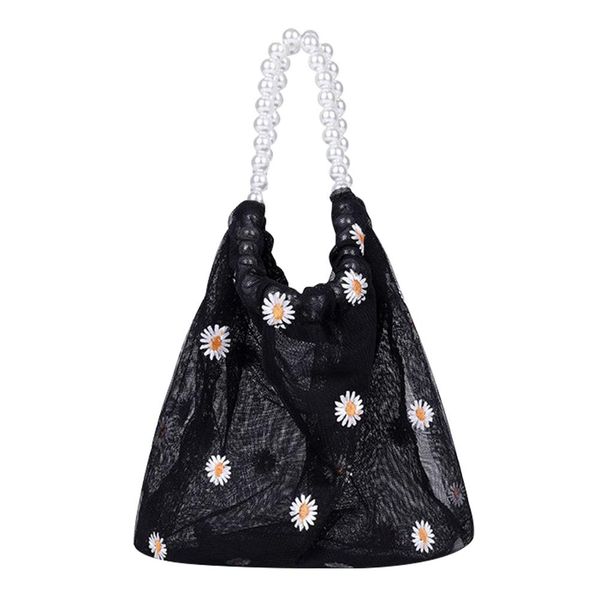 

women small transparent mesh tote bag classic chic delicate creative design daisy embroidery handbag pearl beach pouch h bbyyln