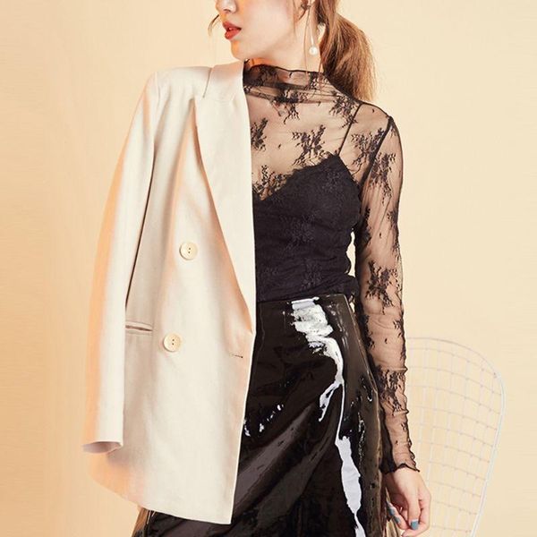 

summer see through mesh basic long sleeve blouse mock neck solid color embroidered floral lace loose 6 colors swimsuit cover-ups, White;black