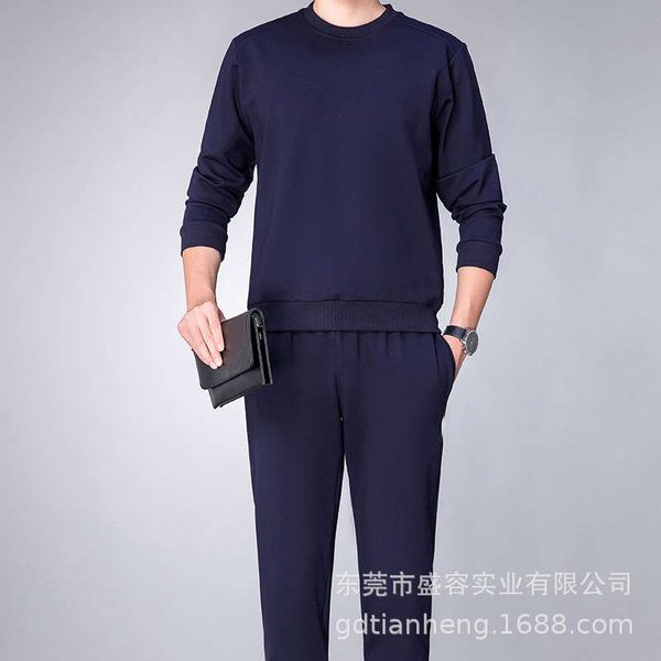

spring autumn 2020 sports leisure suit middle aged and old age sweater men's round neck long sleeve simple two piece home wear, Gray