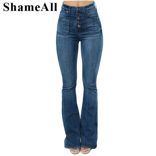 

plus size button up long flare jeans 4xl women high waist office lady stretch skinny bell-bottom full length denim pants, Blue