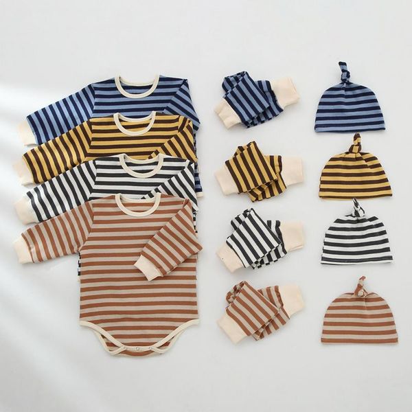 

2021 new winter thicken clothing set striped bodysuits+ high waist pants+ hat 3pcs boys clothes suit cotton baby girl outfits 2i6h, White
