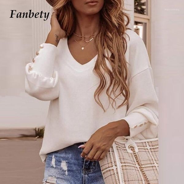 

autumn women solid sweet button tee shirt 2020 elegant new v-neck long sleeve t-shirts casual loose lady pullover mujer 3xl1, White