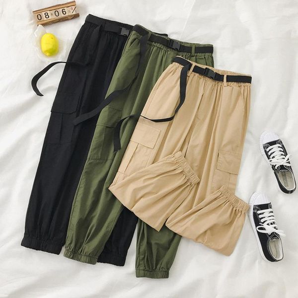 

autumn winter new cargo pants solid color high waist belt trousers casual loose harajuku pantalons fashion 2020 new, Black;white