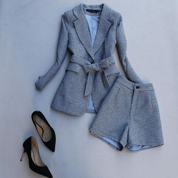 

women's suits fashion temperament professional office ladies woolen houndstooth belt belt suit wide leg shorts two-piece suit, Gray