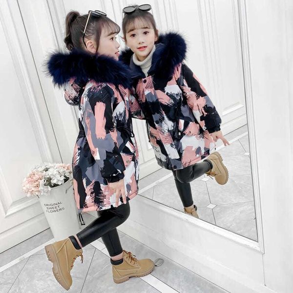 

down coat 2021 winter girls clothing thick foreign style faux fur collar plus velvet cotton snowsuit clothes jacket, Blue;gray