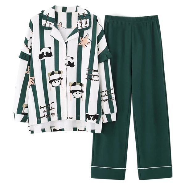 Женский пижамный комплект с милым принтом панды, женская хлопковая домашняя одежда, одежда для сна полной длины 201217