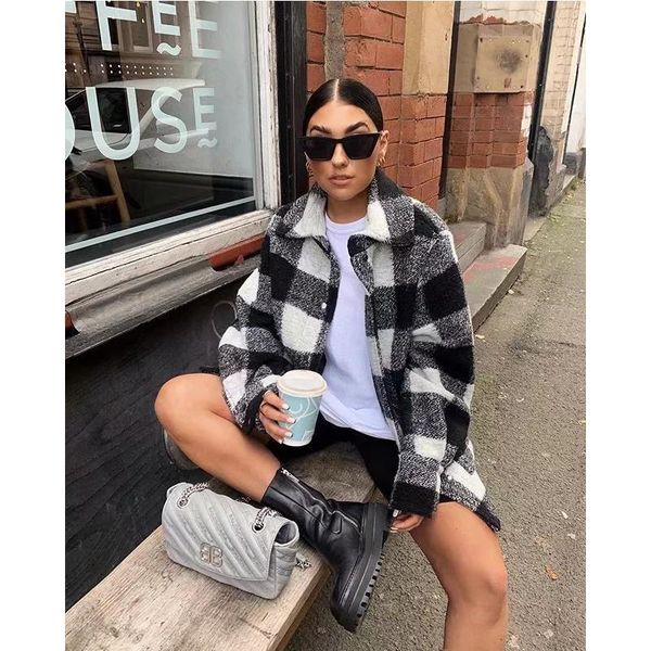 

za style spring winter women's plaid black white plus tweed thick check coat woman oversize coats female shirtwear jacket, Black;brown