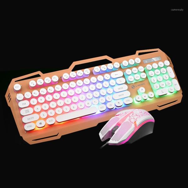 

mechanical feel wired keyboard mouse sets round key cap retro gaming key board multimedia button pc metal panel keyboards led1