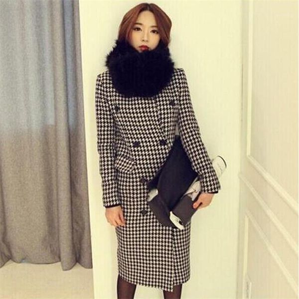 

autumn coat female autumn houndstooth slim long winter coat women thicken warm double breasted woolen jacket a50361, Black