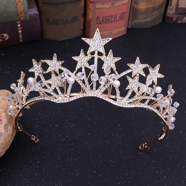 

baroque star crystal pearl wedding tiara bridal crown for wedding bride gold rhinestone crowns headband jewelry hair accessories, Golden;silver