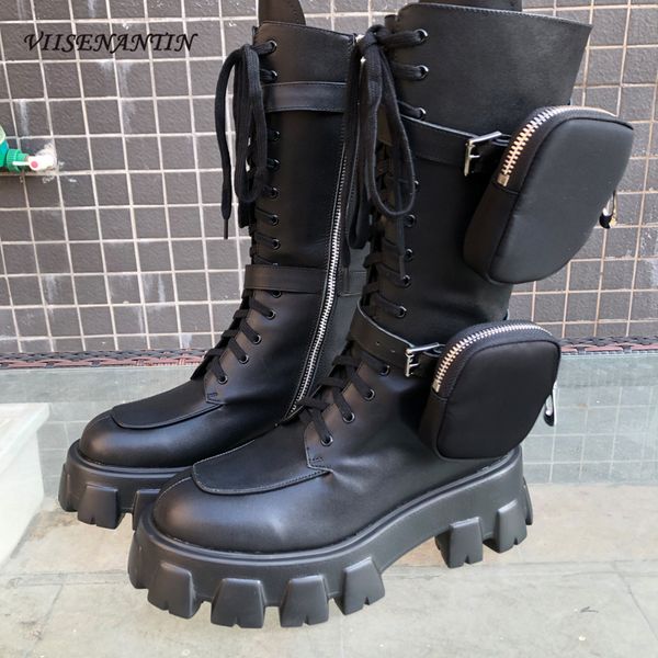 

gorgeous women 2020 trendy boots genuine leather pocket motorcycle boots knight boots women chunky sole platform military shoes y200723, Black