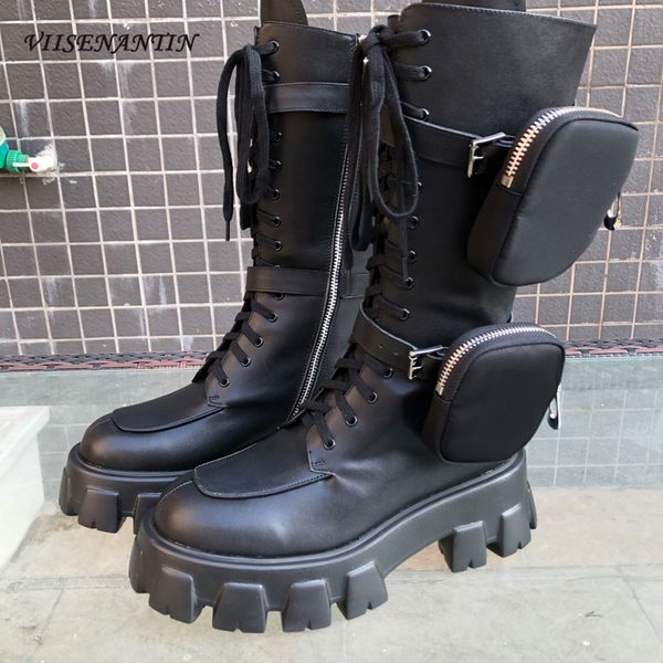 Mulheres lindos 2020 Botas na moda Botas de couro genuíno botas de motocicleta Botas Knight Botas Mulheres Chunky Sola Plataforma Sapatos militares Y200723