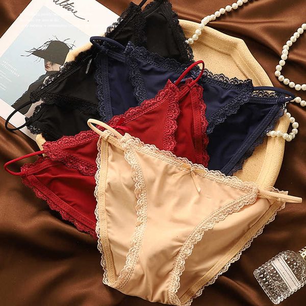 

lace seamless women panties ice silk side ultra-thin low waist briefs cotton breathable trim thin belt underwear, Black;white