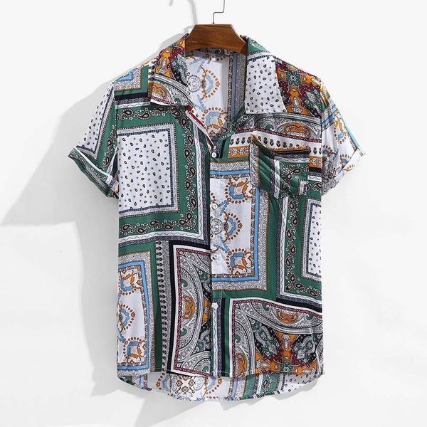 

2019 men summer shirt blosue loose ethnic printed turn down collar short sleeve vintage streetwear shirts beach blouses, White;black