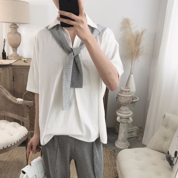 

2021 new men white shawl set head fan academy wind hired summer school short-sleeve shirt. rxnq, Black