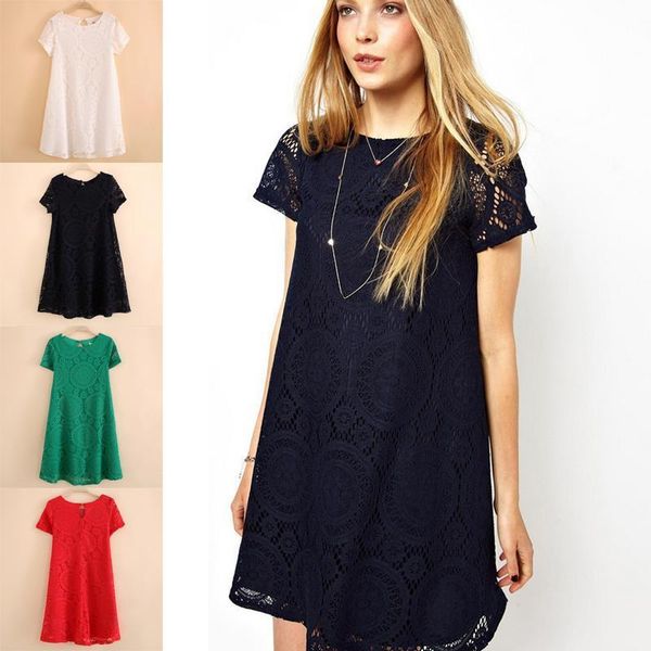 

bohemian ladies loose bottoming women s 5xl short sleeve dress vintage lace cutout lace base o neck loose solid, Black;gray