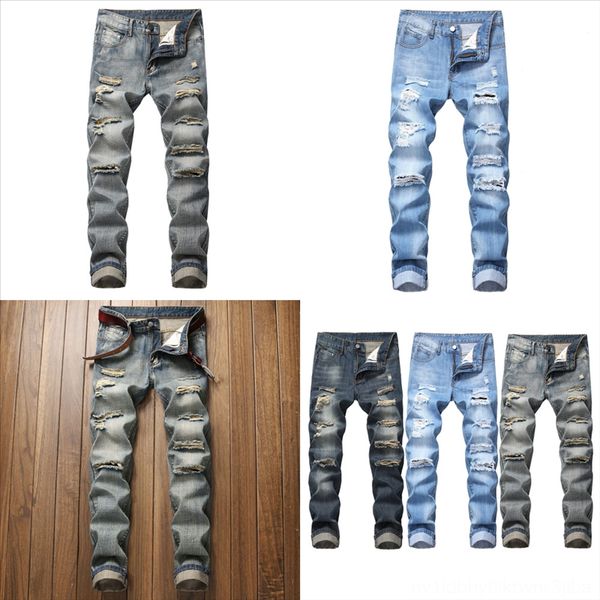 

oiice jeans men solid man jean jacket blue ankle length students fashion chic leisure hole mens denim trousers retro simple autumn new, Black