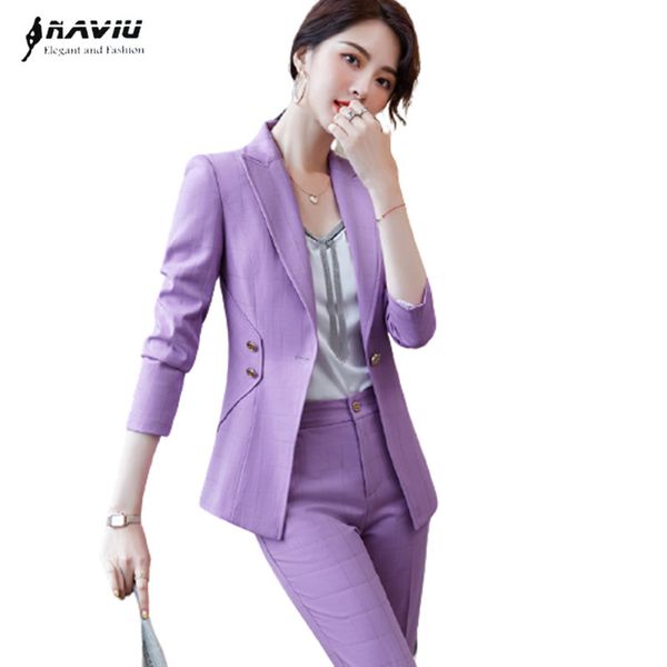 

naviu fashion top высококачественные фиолетовые пледы blazer и брюки для женщин два части набор офисный костюм формальная рабочая одежда, White