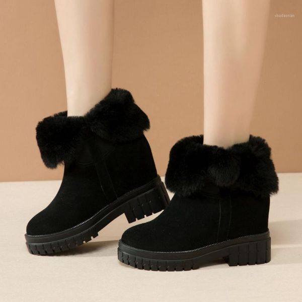 

boots brand high-quality cow suede leather with fur stylish winter shoes women internal increase heels snow boots1, Black
