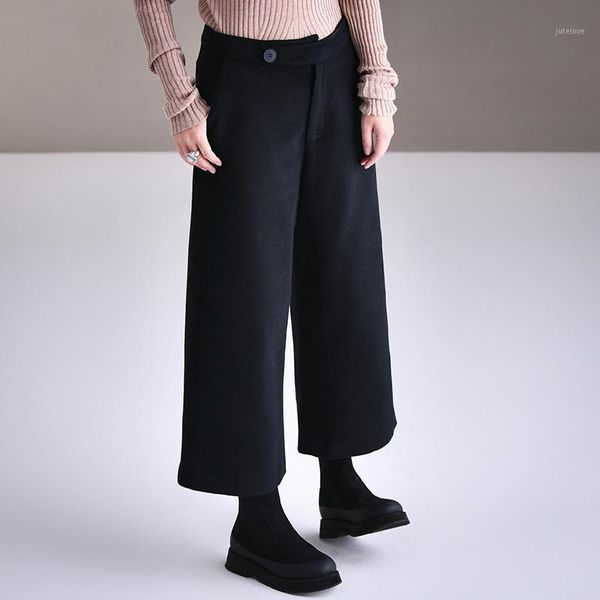 

micoco k1963 woollen high waisted wide leg pants1, Black;white