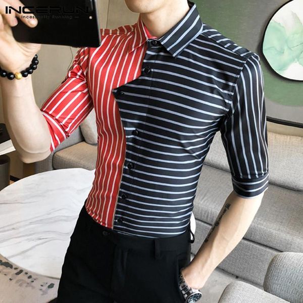 

incerun man summer elegant blusas mens striped patchwork shirts half sleeve lapel business blouse fashion fitness slim camisas 71, White;black