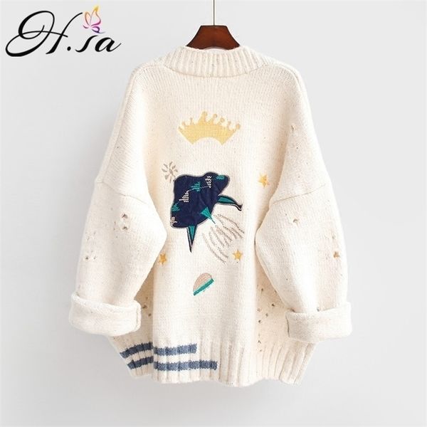 

hsa autumn winter women sweater cardigans cartoon embroidery cardigans poncho single breasted knit sweater harajuku out 201128, White;black
