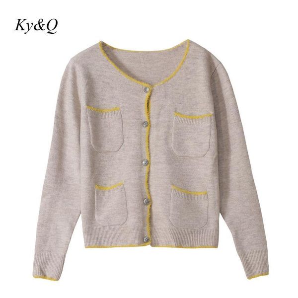 

2020 brand korean style contrast color edging design simple pocket soft loose knit sweater cardigan jacket women sweater, White