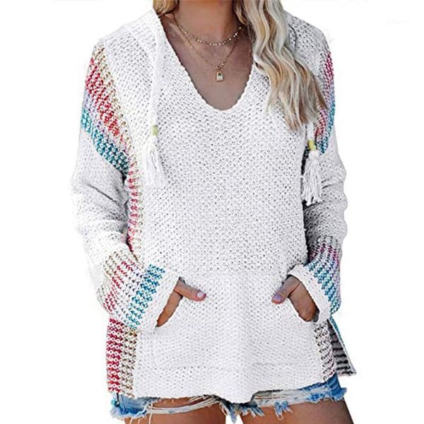 

jaycosin women's sweaters autumn winter women hoodies pullover v neck striped sweaters drawstring sweatshirt with pocket1, White;black