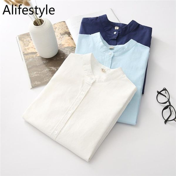 

women shirts blouses 2020 new autumn spring pure female shirt stand collar long sleeve lady casual cotton blouse1, White
