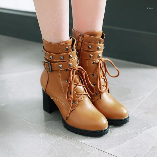 

boots fashion ankle pu women basic round toe buckle solid vintage super high square heel casual big size shoes1, Black
