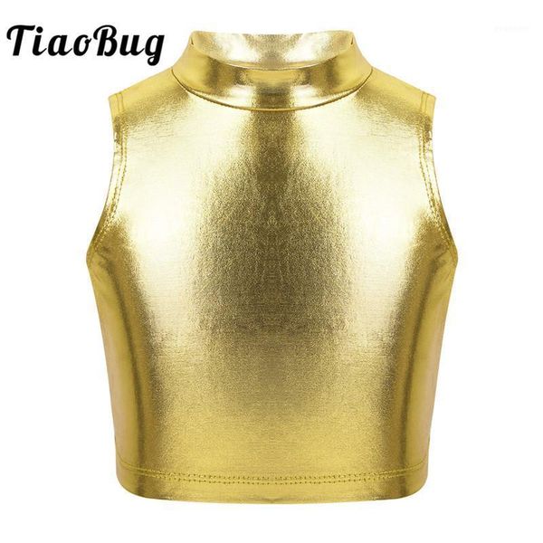 

tiaobug kids teens sleeveless turtleneck metallic ballet gymnastics crop children girls jazz performance dance wear costume1, Black;red